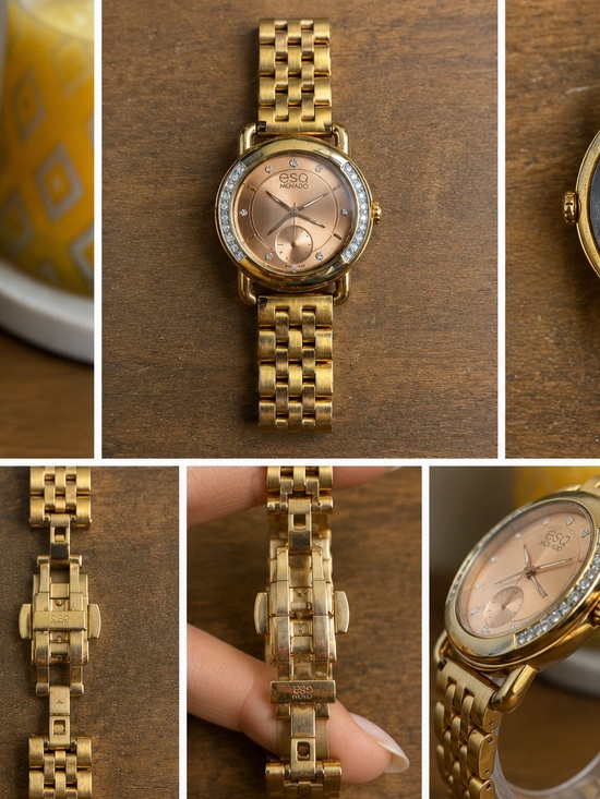 Movado Accessories - Movado ESQ Women's Gold Tone Watch with Rose Gold Dial and Crystal Accents